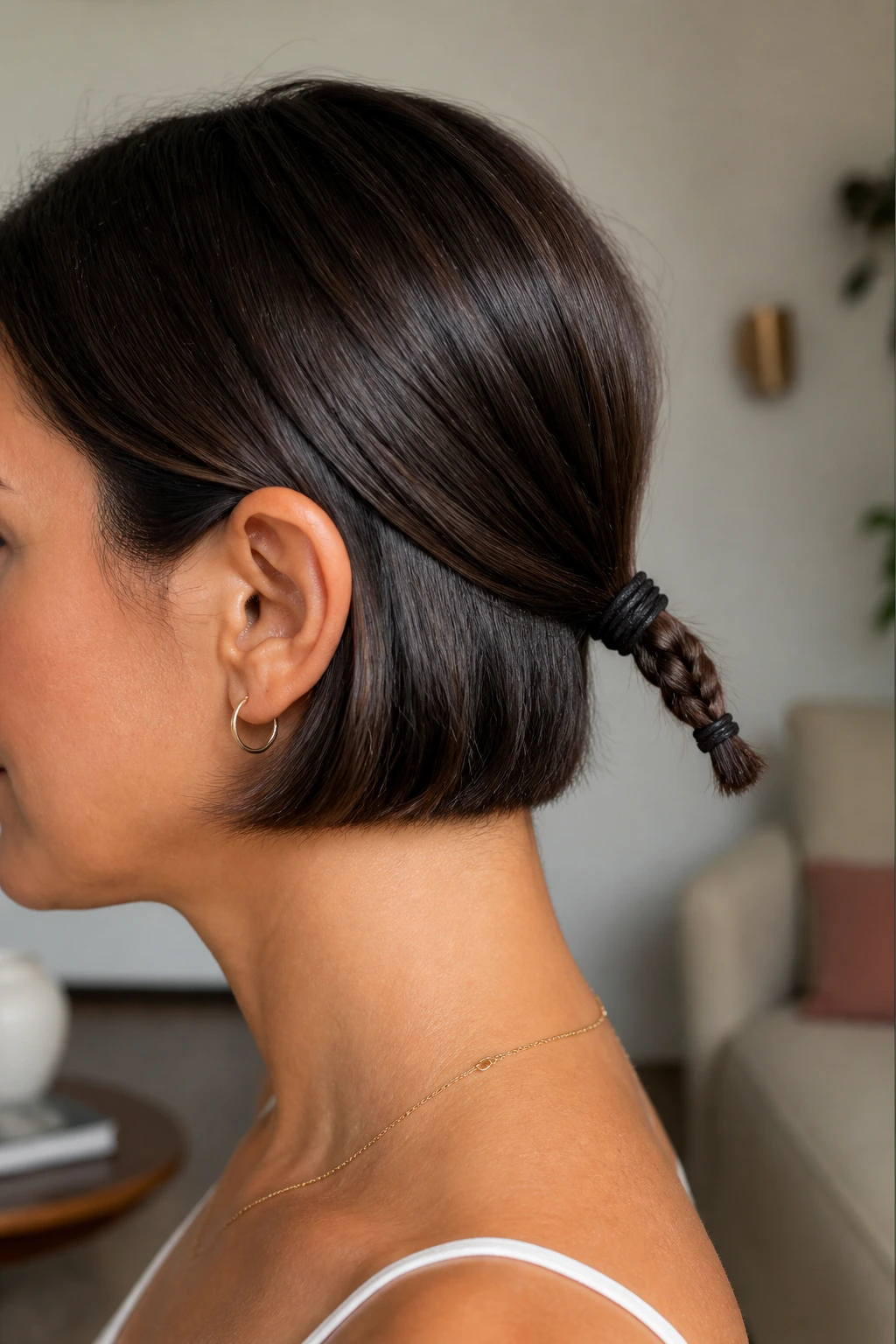 Close-up of real woman with tiny braided ponytail stub at back of chin-length hair