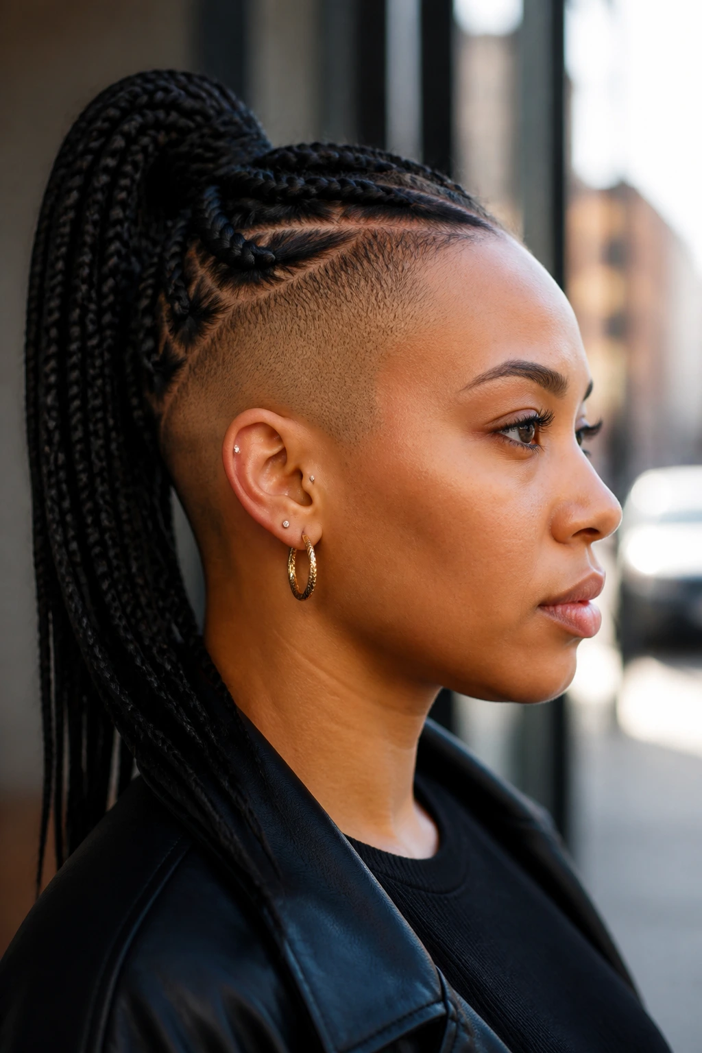 Portrait of a woman with a braided ponytail and tapered sides