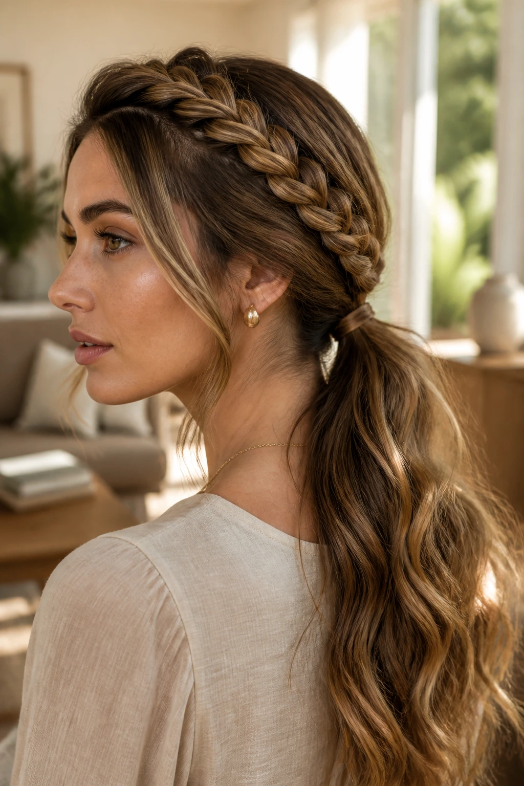 Head-and-shoulders of a woman with a braided crown leading to a waved ponytail in a sunny room