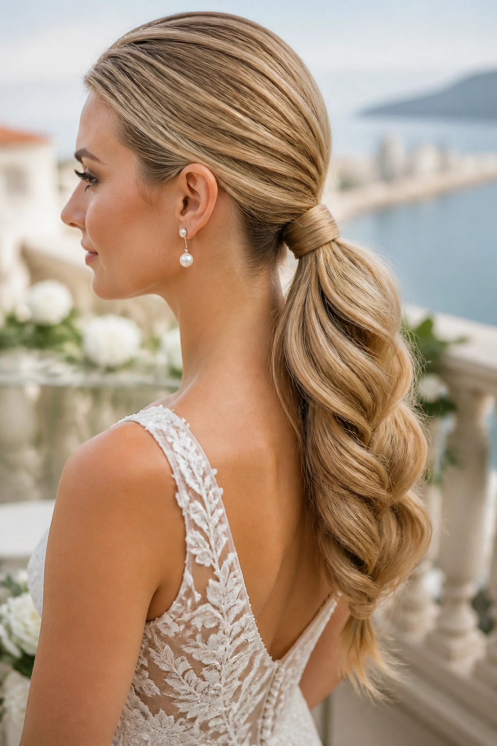 Bride with braided low ponytail and clean base.