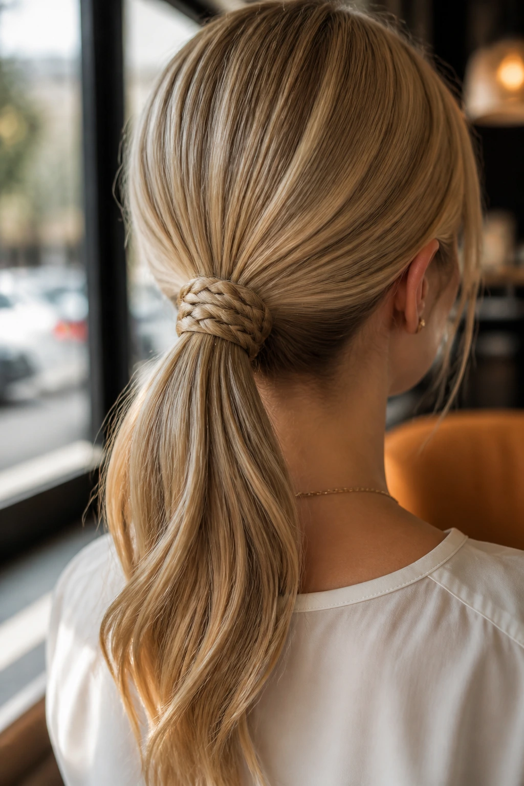 Back view of a real woman with a braided ponytail wrap around the elastic