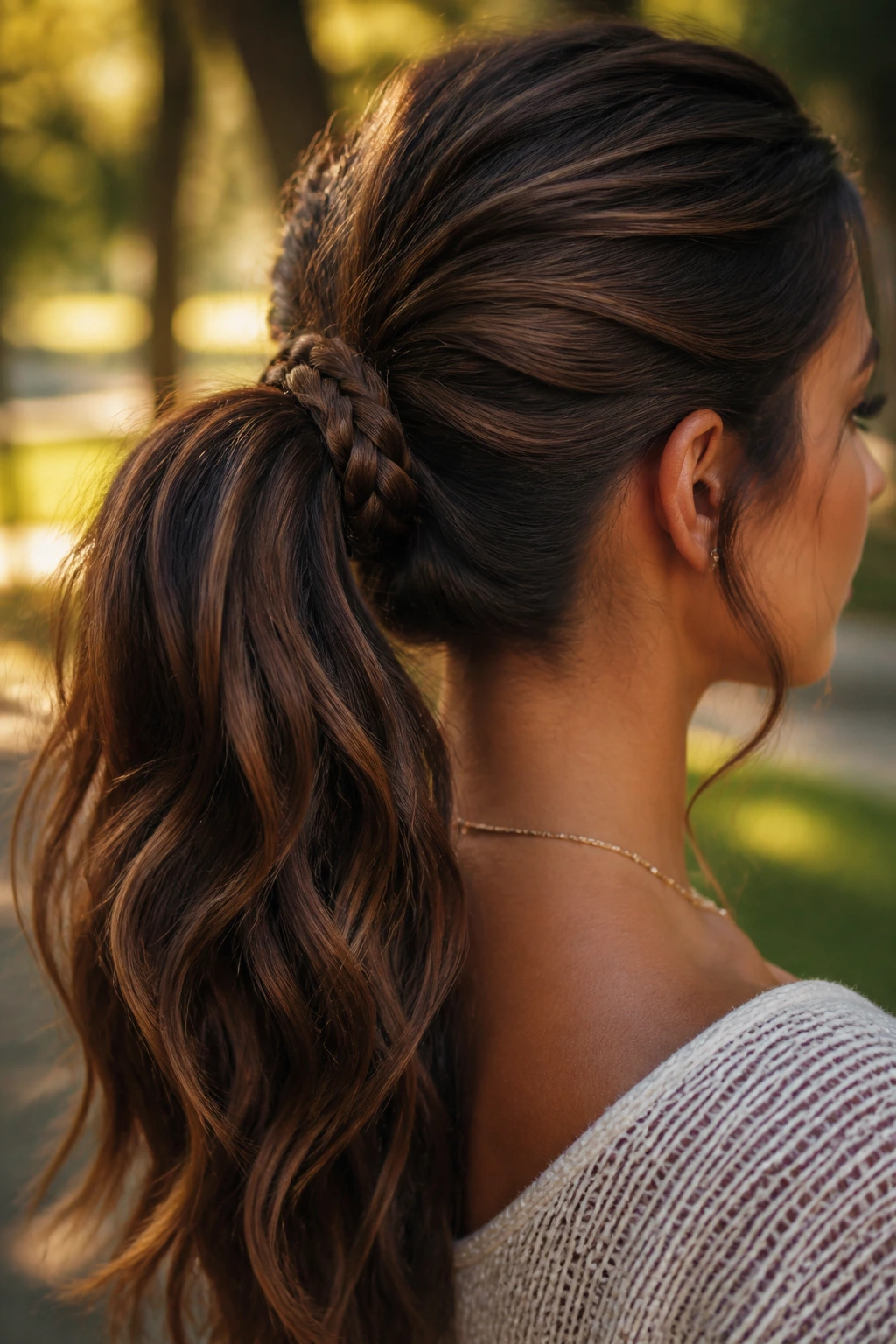 Close-up portrait of a real woman with a braided ponytail wrap around the base