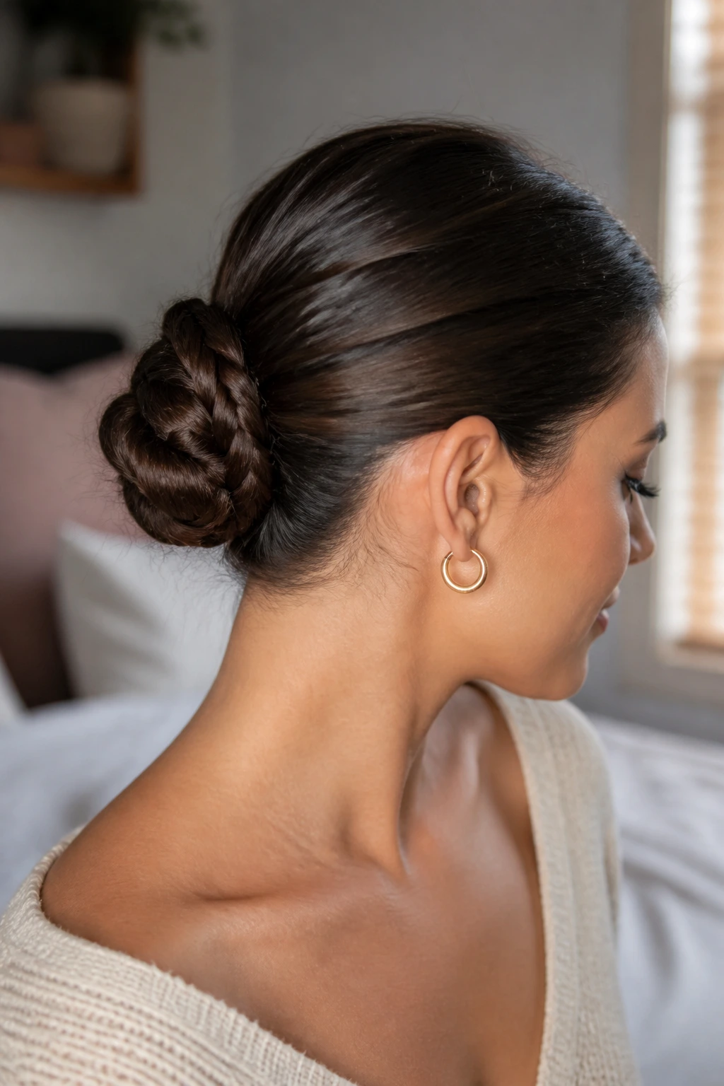 Close-up of a real woman wearing a braided ponytail wrap-under bun anchored at the base