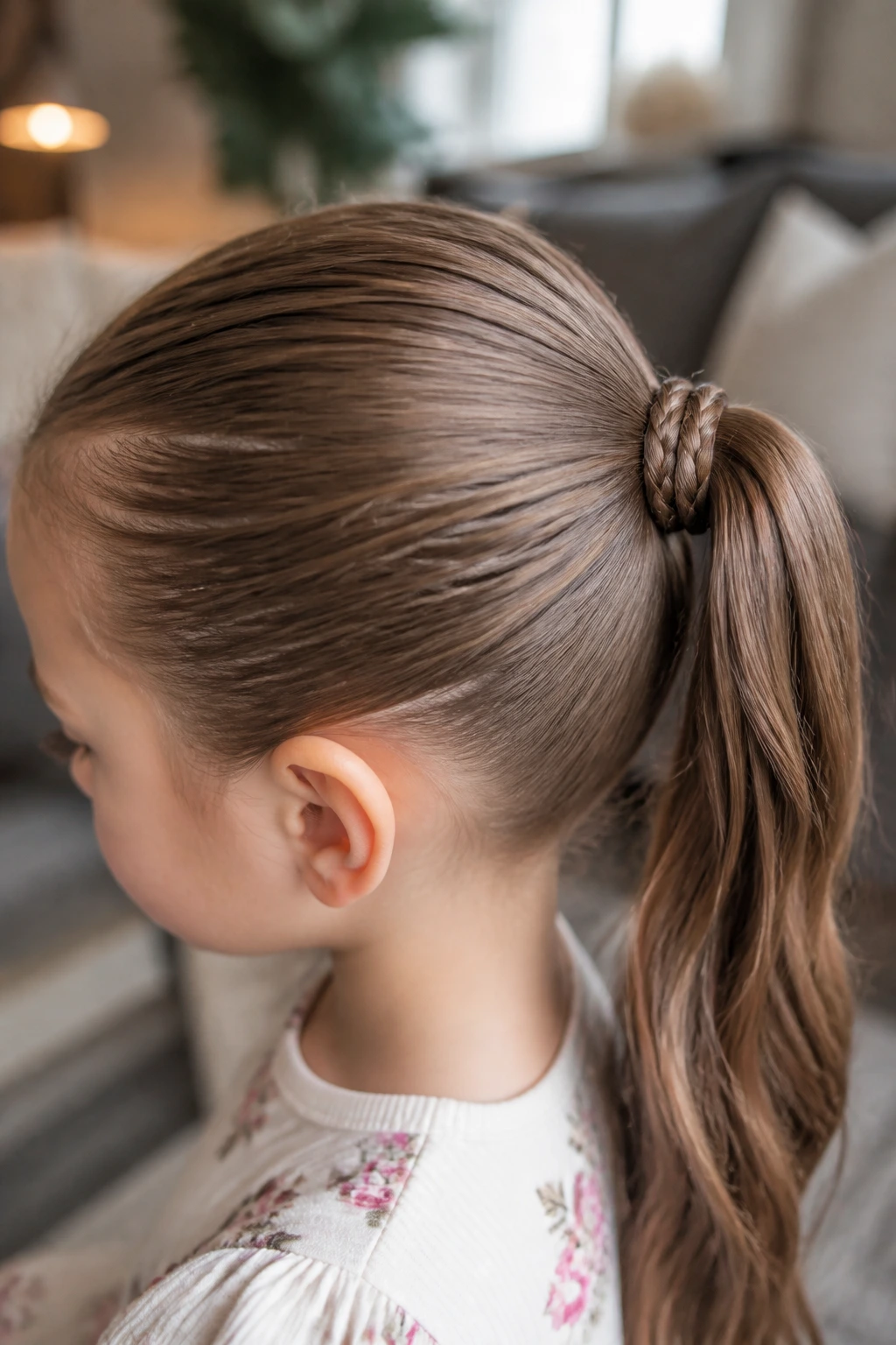 Child's ponytail wrapped with a small braid hairstyle