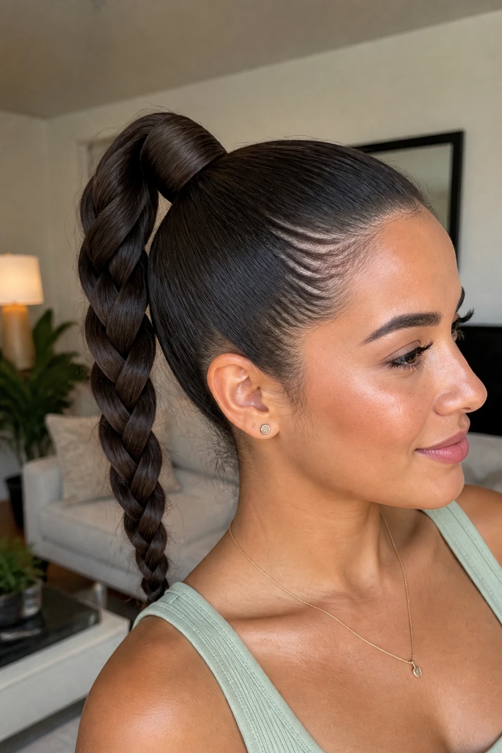 Close-up of a real woman with a braided ponytail and wrapped base