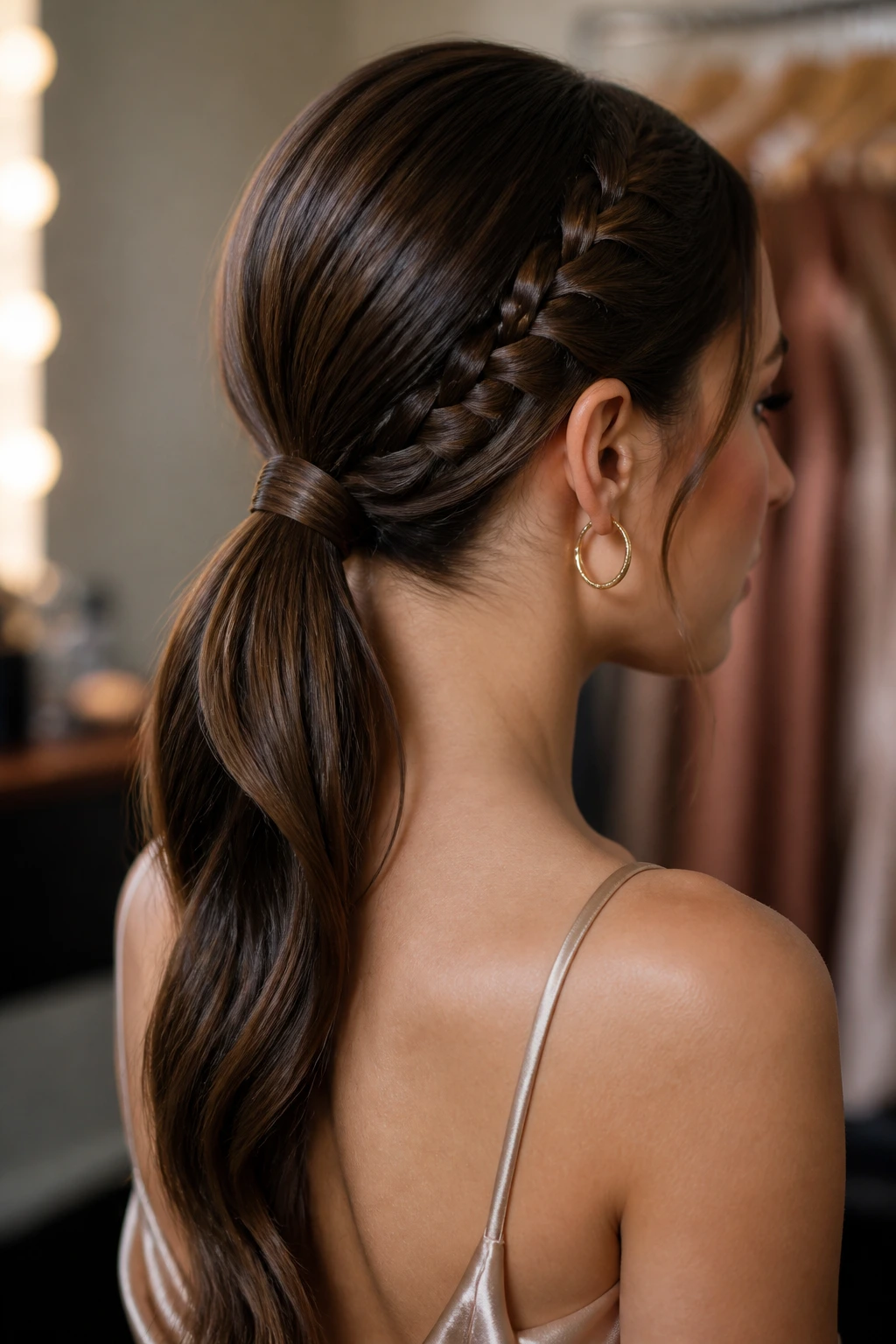 Close-up of a real woman with a braided low ponytail and wrapped base