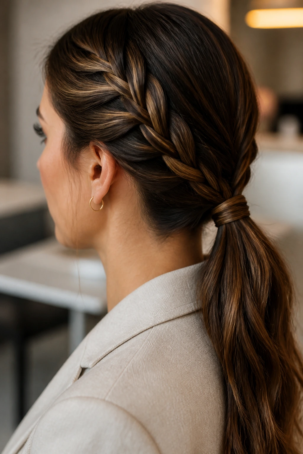 Close-up of a woman with a braided low ponytail and wrapped elastic at the nape.