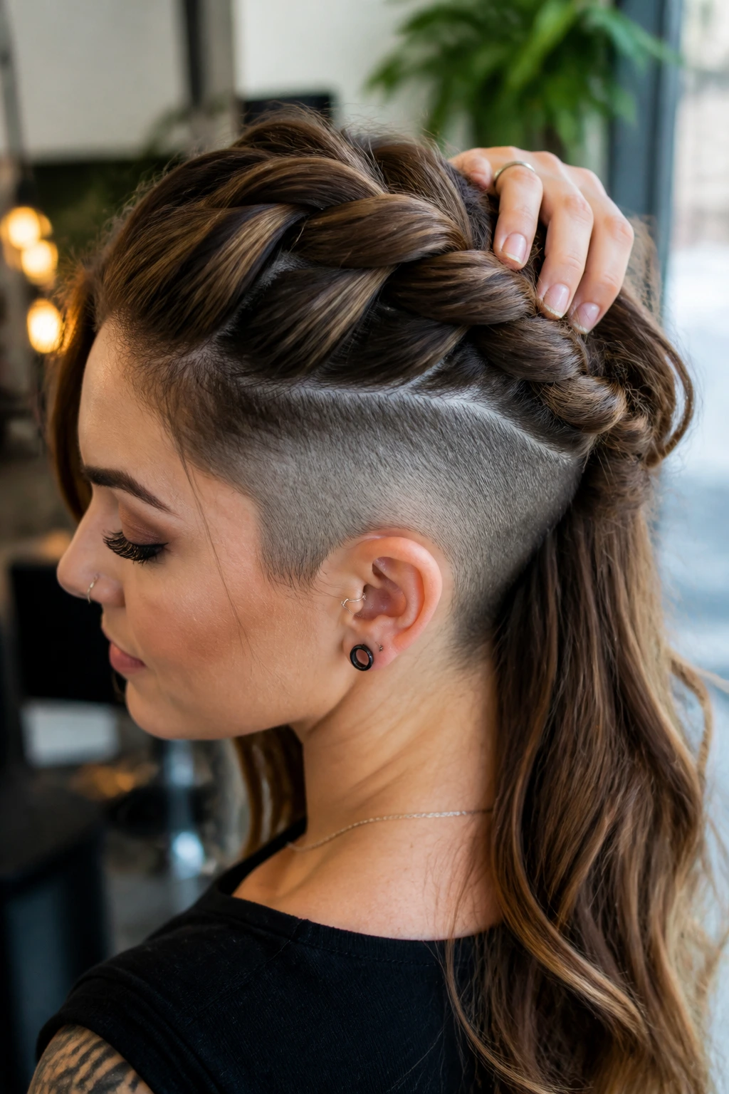 Close-up portrait of a real woman with a lifted braid revealing an undercut