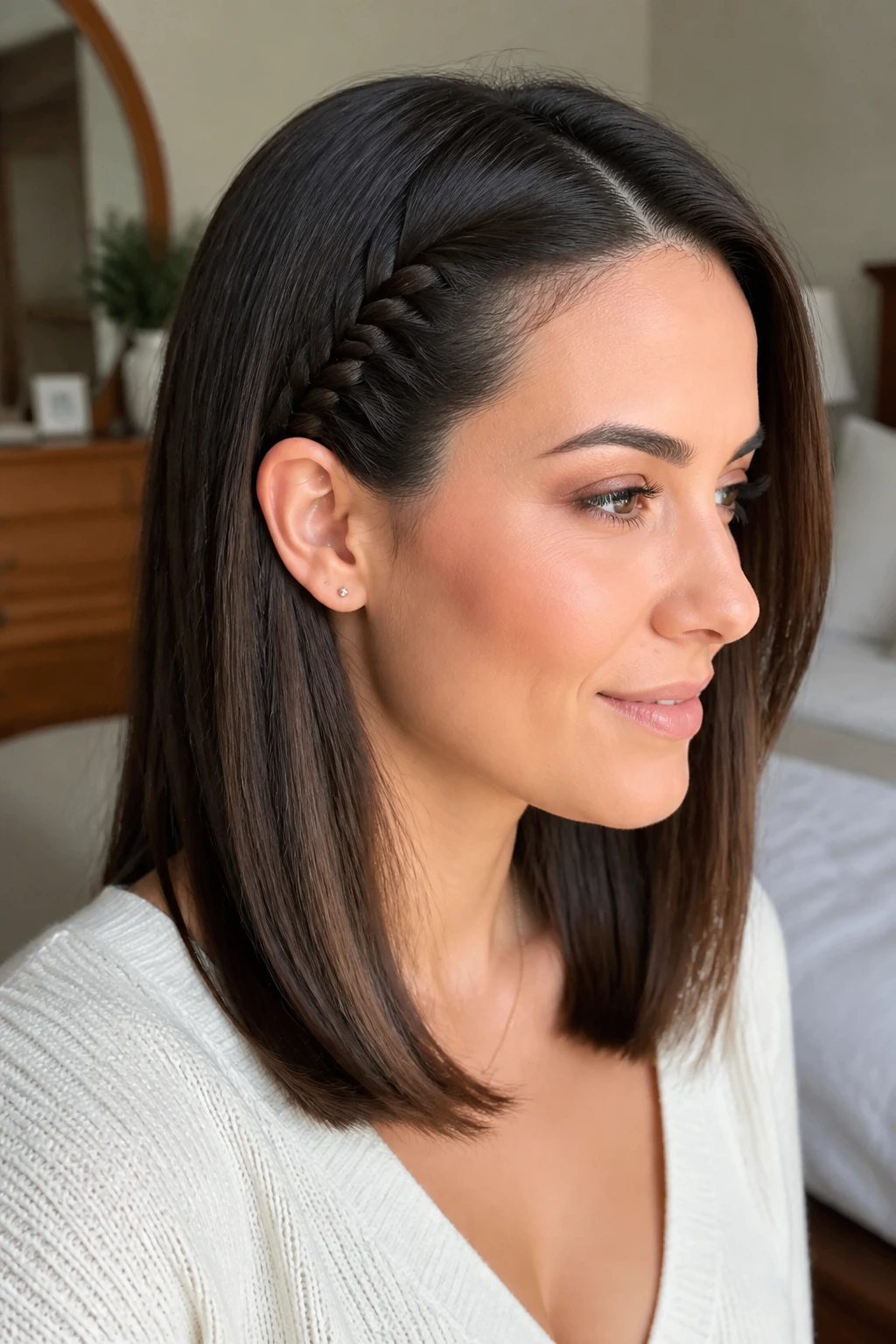 Close-up portrait of a woman with a thin braided side accent near the temple in straight hair.