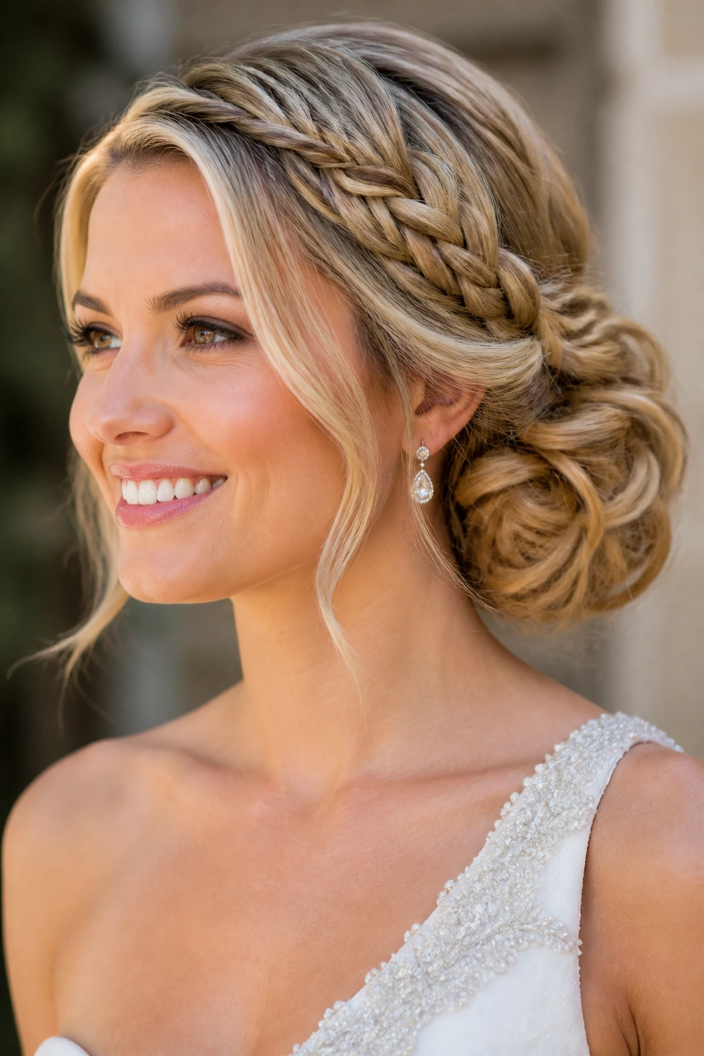 Close-up of a bride with braided side bun