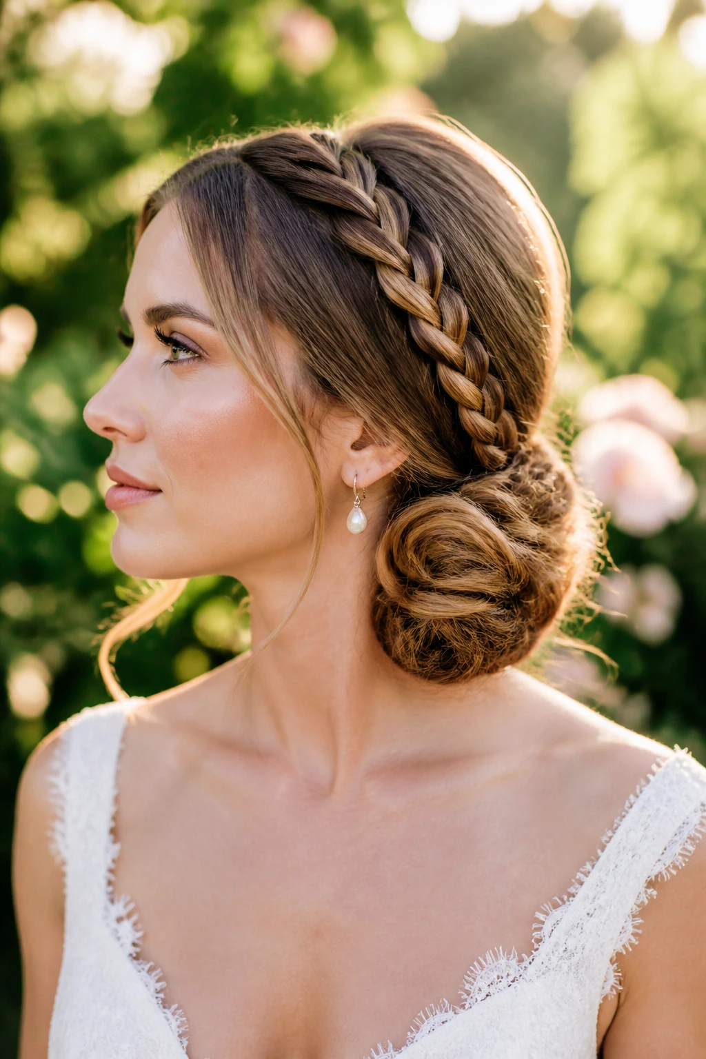 Side profile of real bride with braided side bun