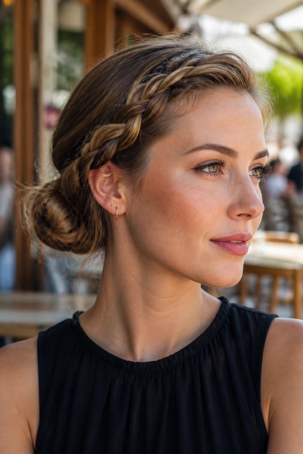 Real woman with a braided side bun at the nape, braid along temple to ear.