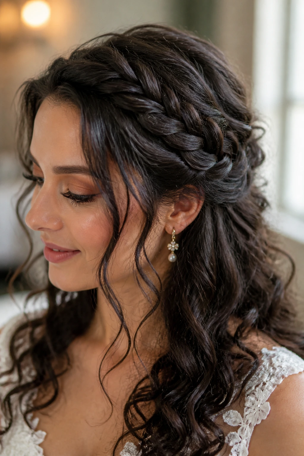 Close-up of a bride's head with a braided side crown and curtain pieces framing her face