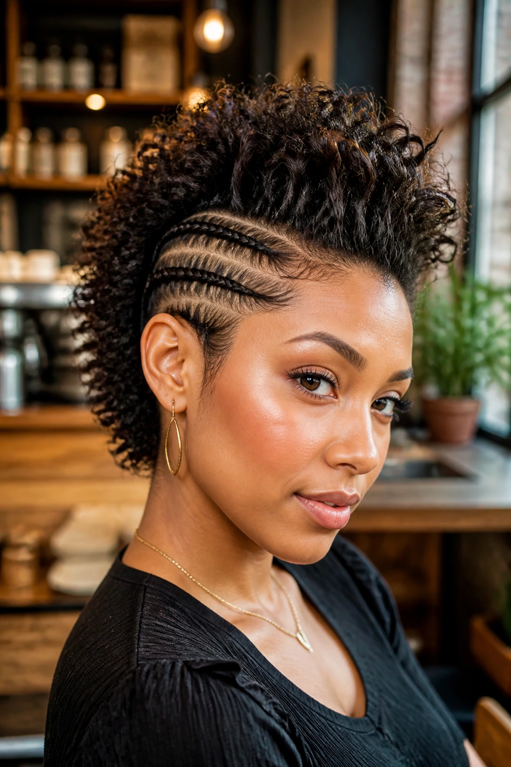 Close-up of a real person with braided side panels forming a faux hawk in a cafe