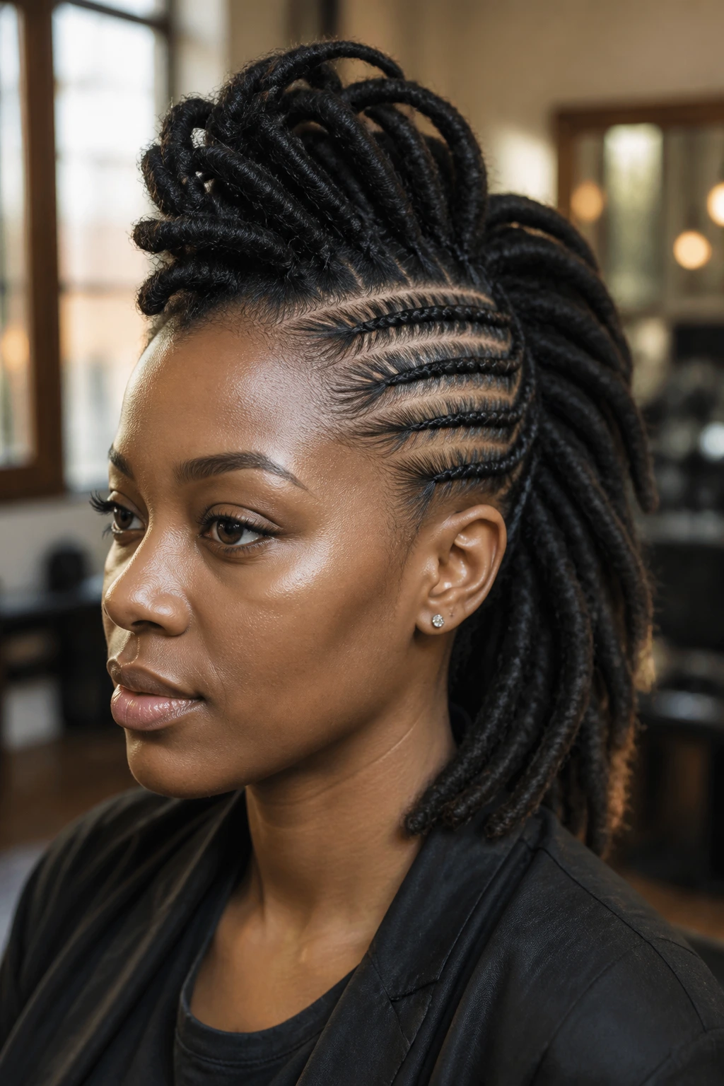 Close-up portrait of a real person with a Braided Side Panel Mohawk featuring side braids and a tall center ridge.
