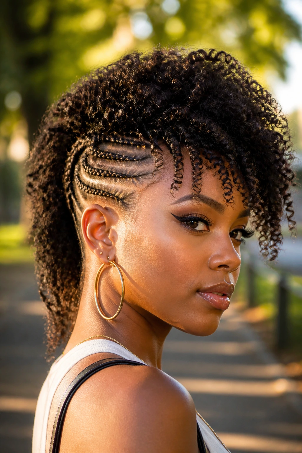 Real Black woman with braided side-panel curly mohawk