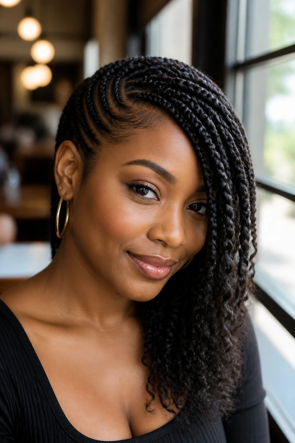 Close-up of a real Black woman with a braided side swoop framing her cheekbone