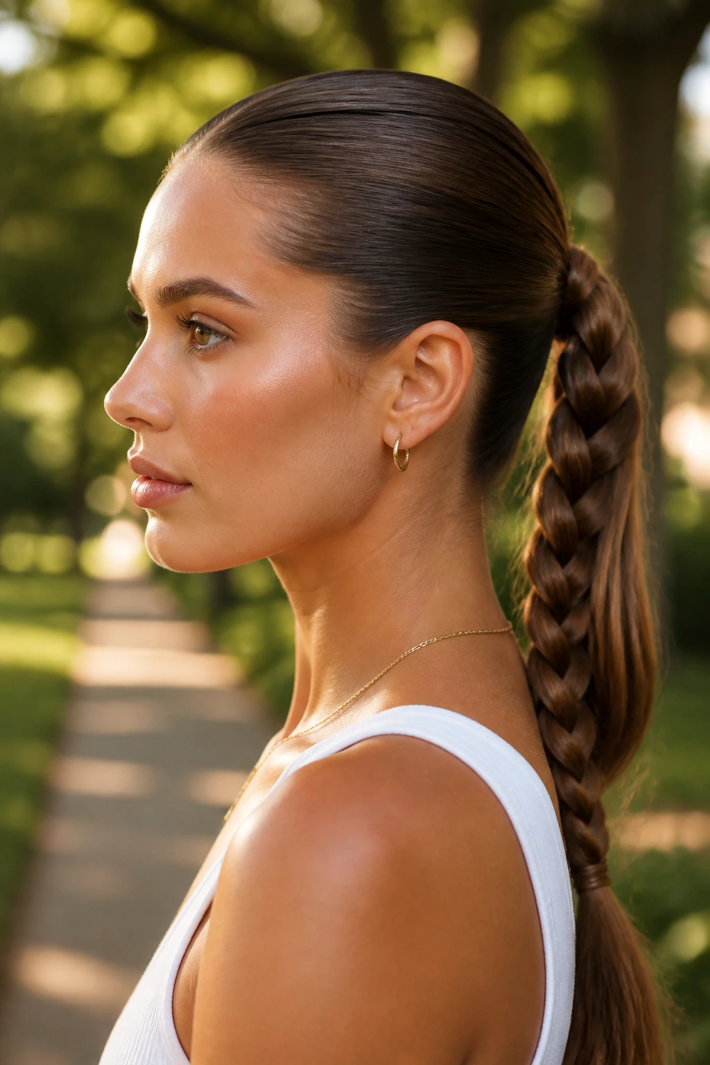 Back view of a woman with a braided slicked-back ponytail.