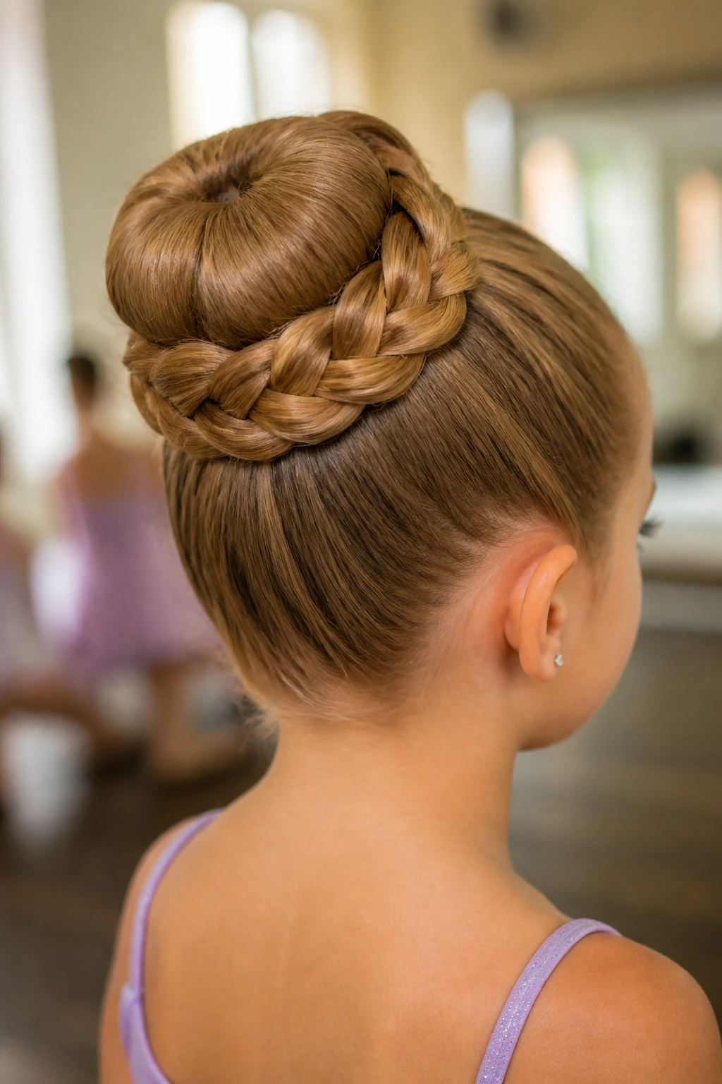 Close-up of a girl with a braided sock bun