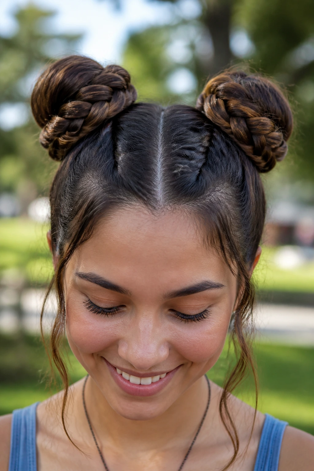 Close-up of two braided space buns on a real person's head