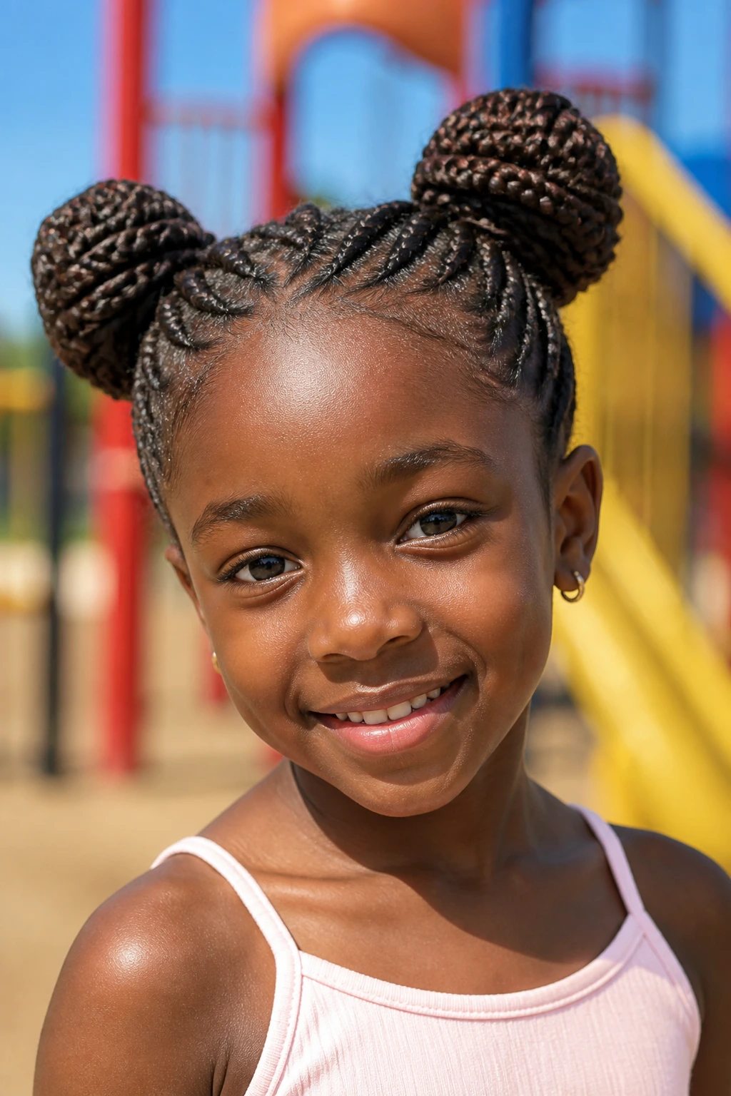 Close-up of a real child with braided space buns on a sunny playground