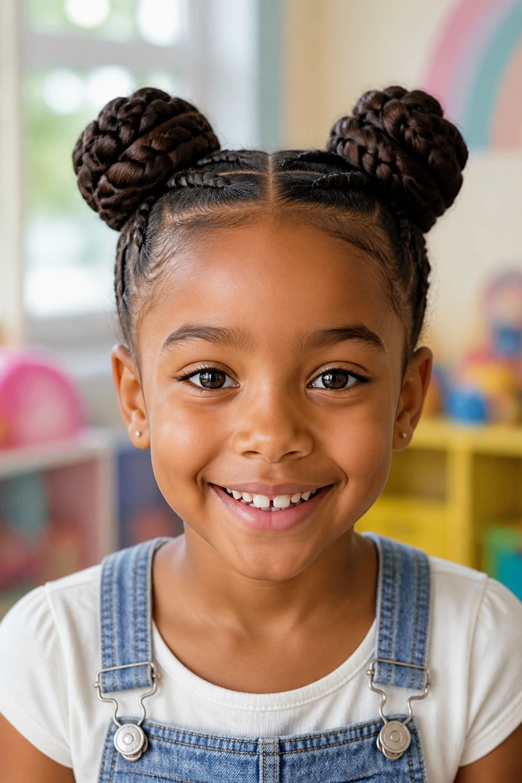 Close-up of a child with braided space buns on each side