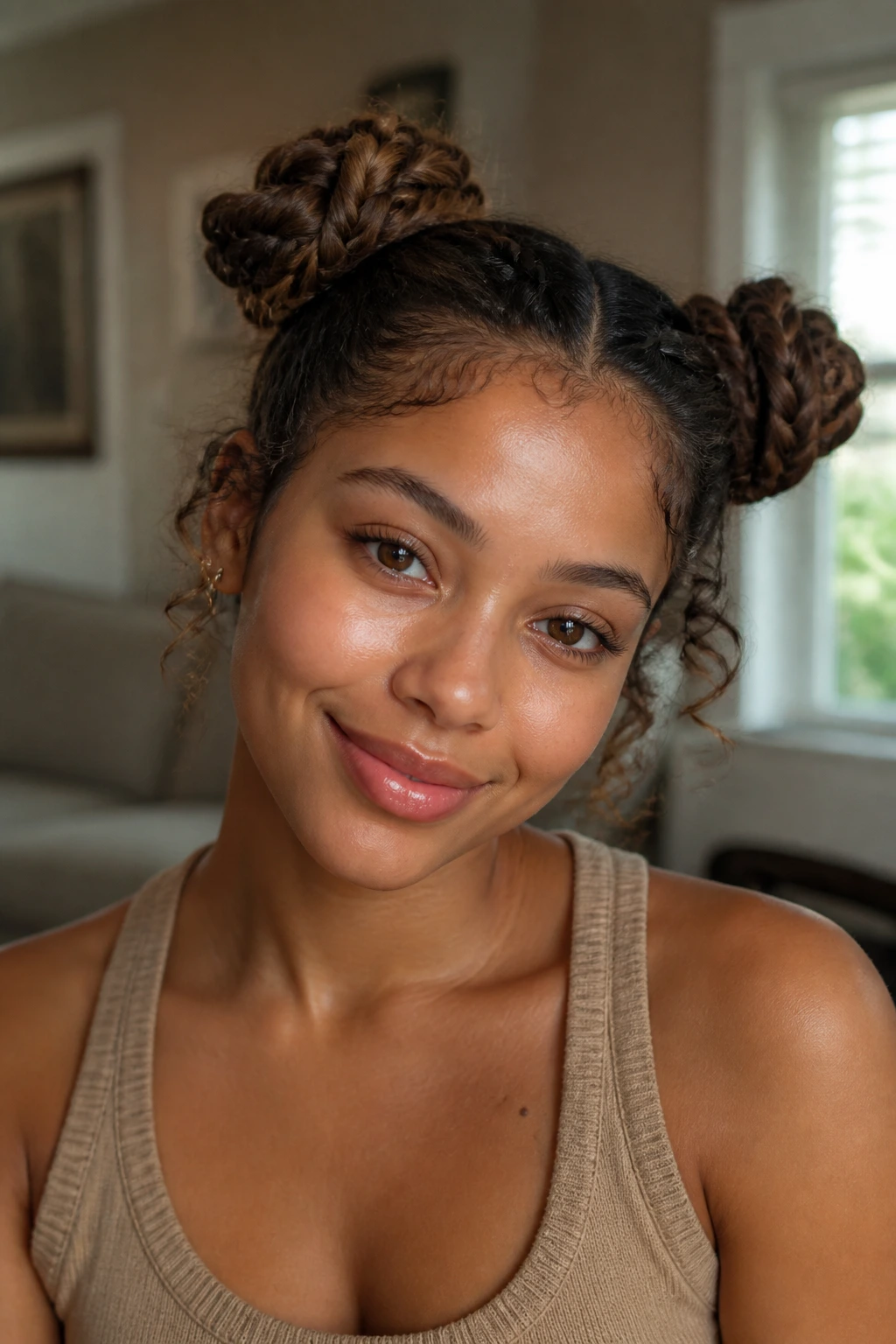 Close-up of a real woman with two braided space buns on each side