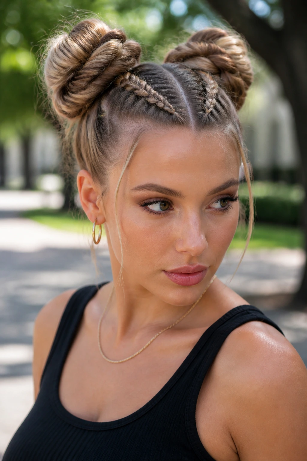 Three-quarter view of a woman with braided space buns above the ears