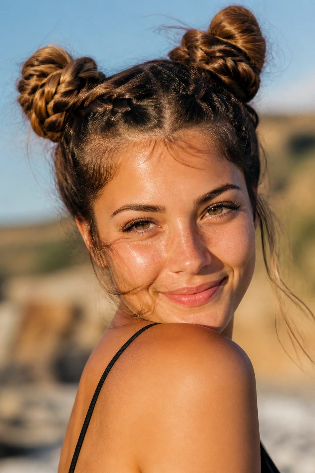 Real woman with braided space buns outdoors