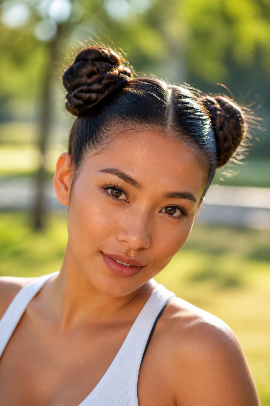 Portrait of a woman with braided space buns above the ears