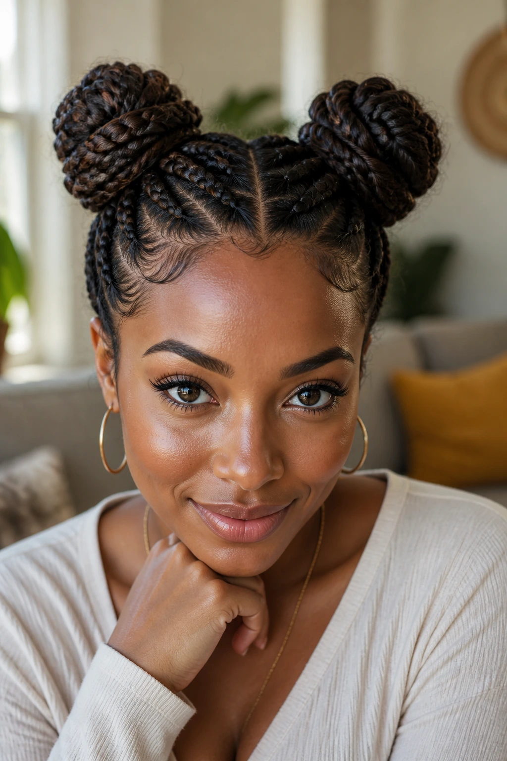 Close-up of a real woman with braided space buns in a cozy living room