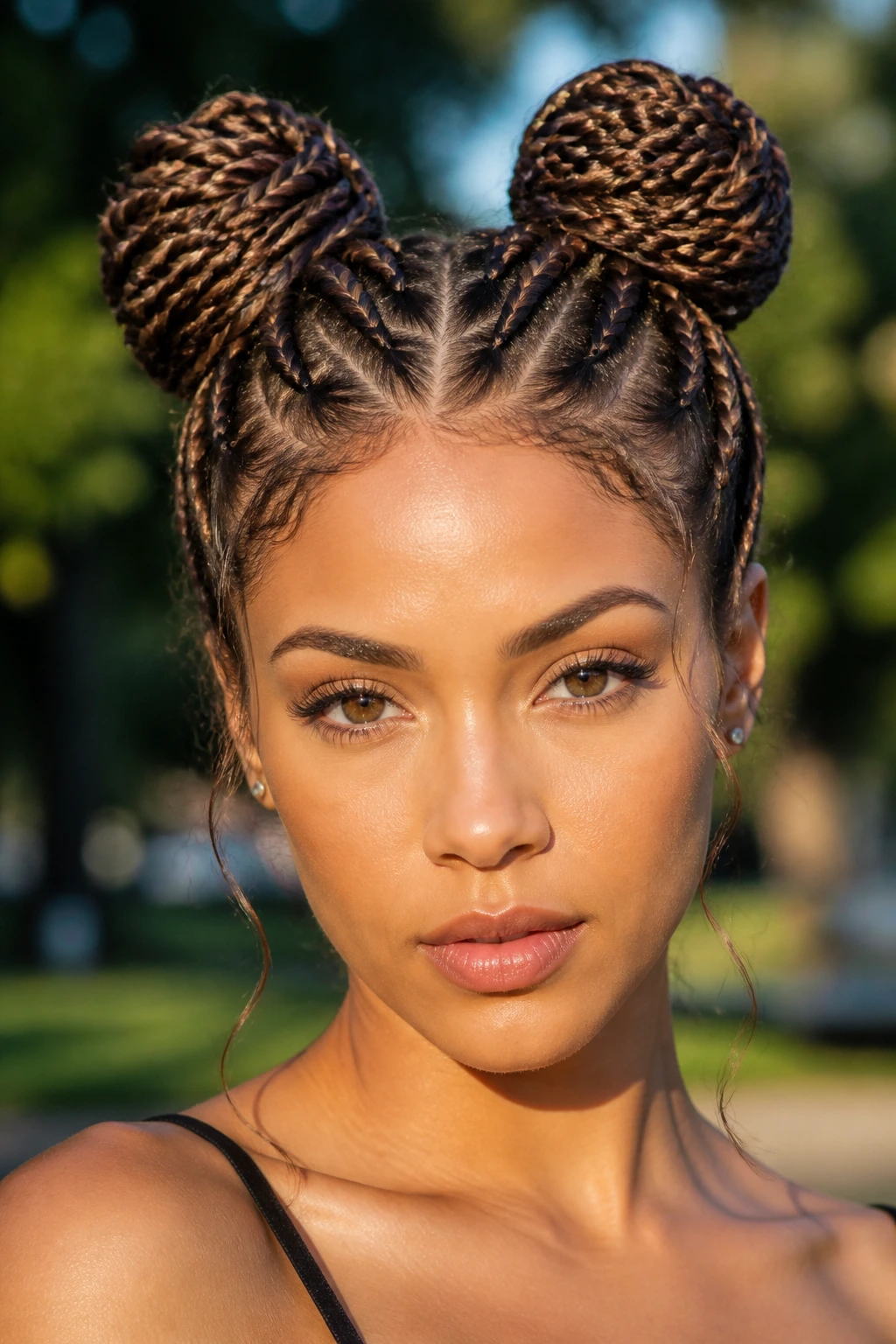 Close-up portrait of a woman with braided space buns outdoors in golden-hour light