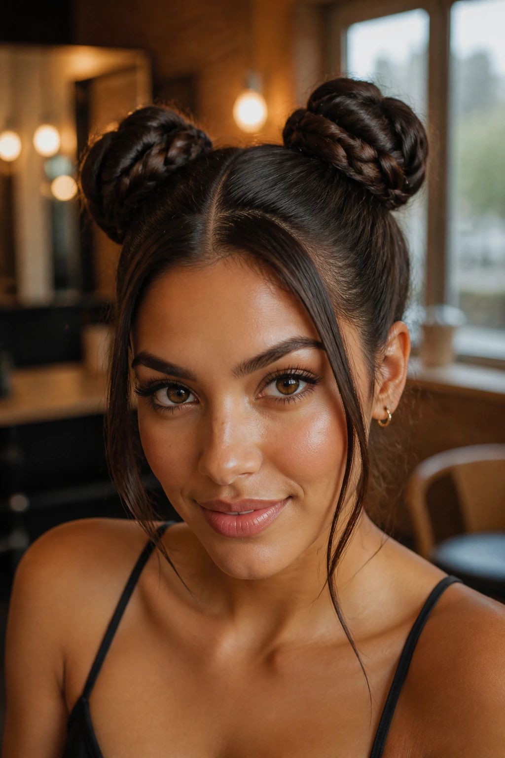 Close-up portrait of a real woman with thick hair styled into braided space buns