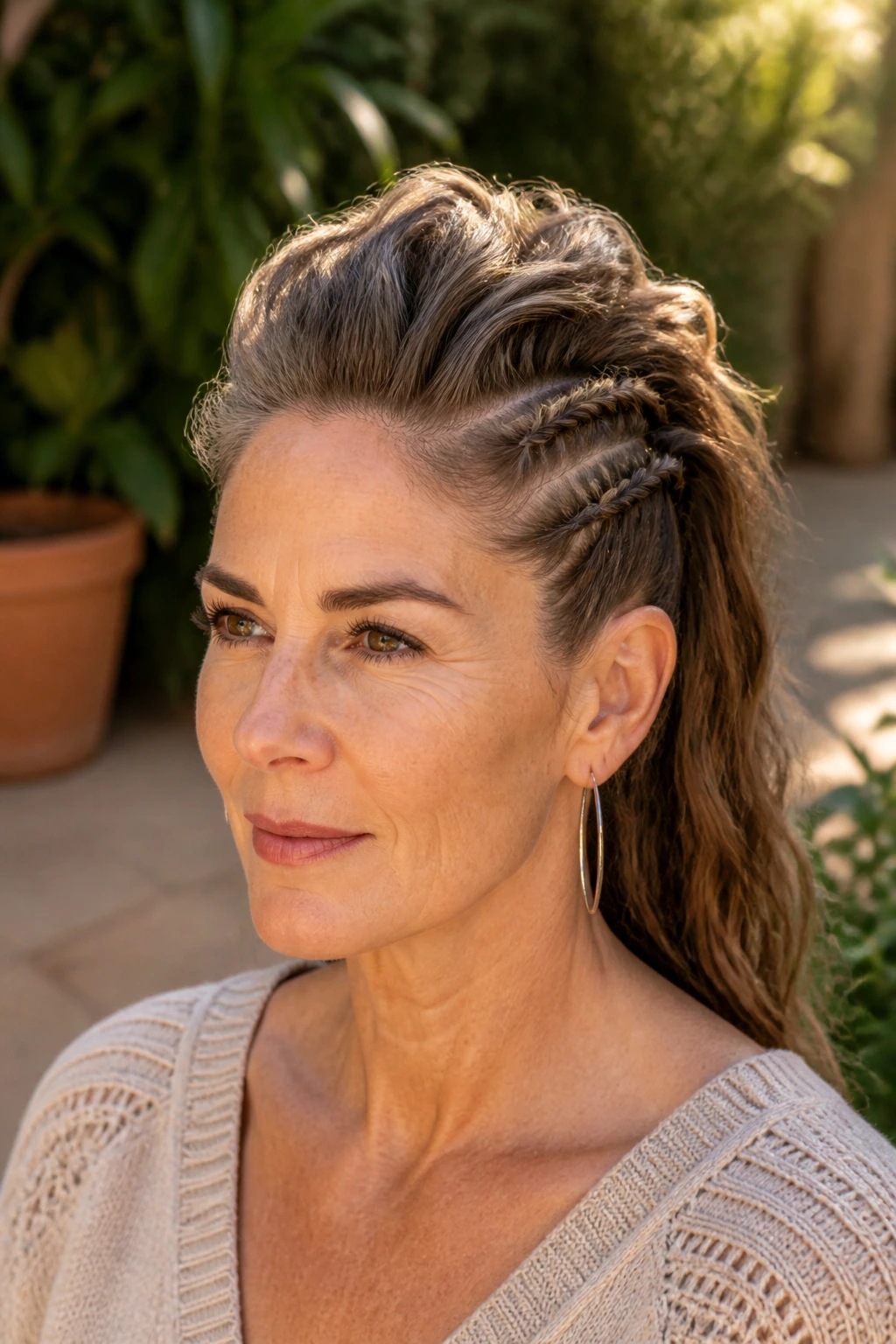 Real woman with braided temple faux hawk in a sunny garden setting