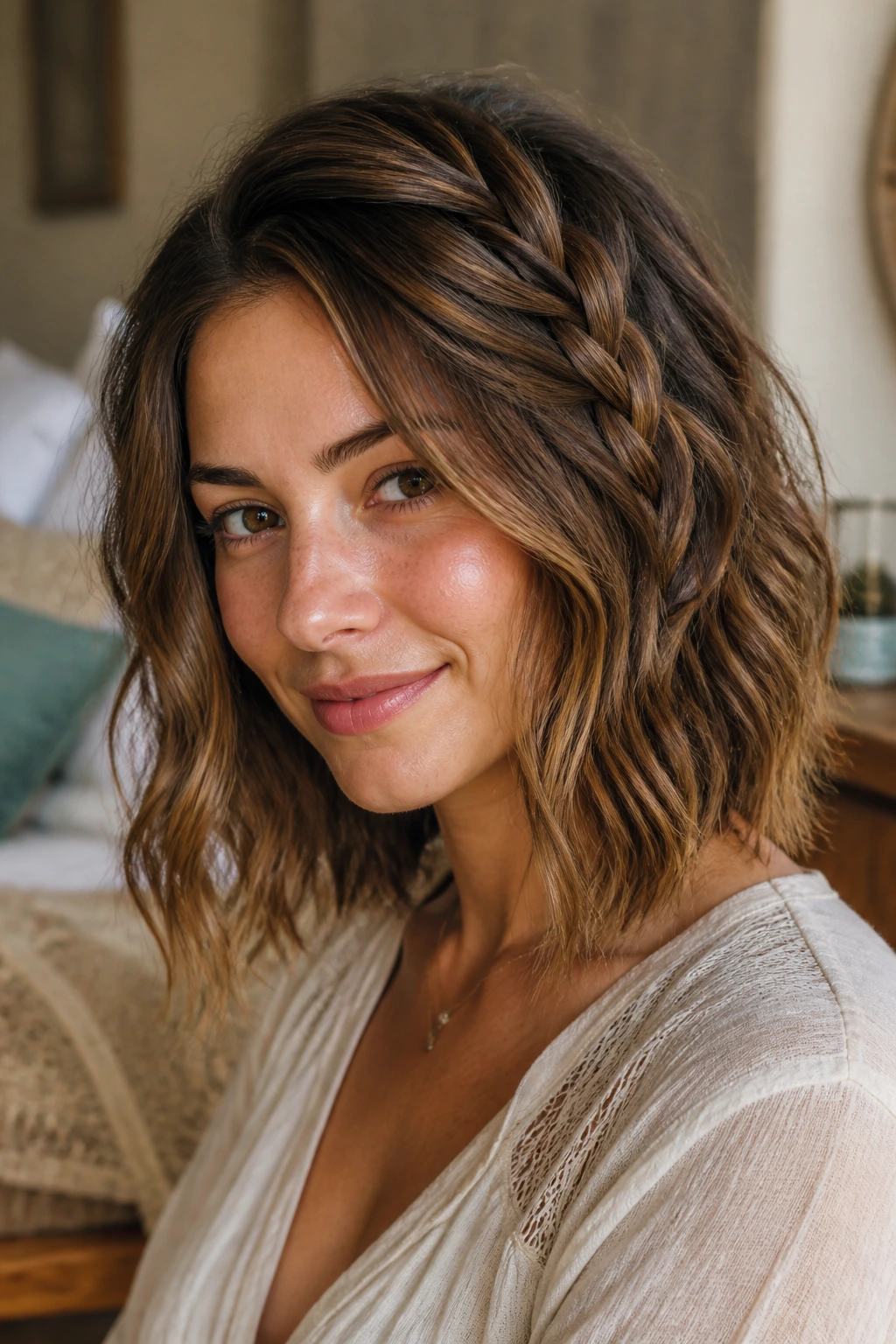 Close-up of a real woman with a loose side braid woven into a lob hairstyle