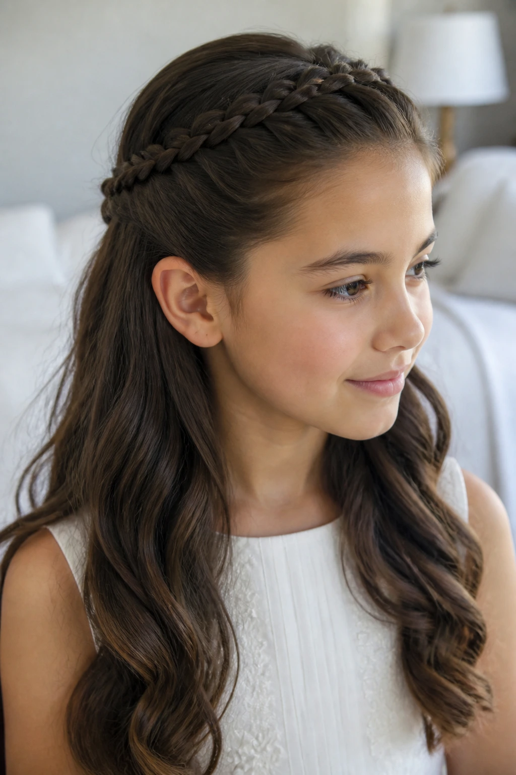 Close-up of a child with a crown braid on thick hair top half-up