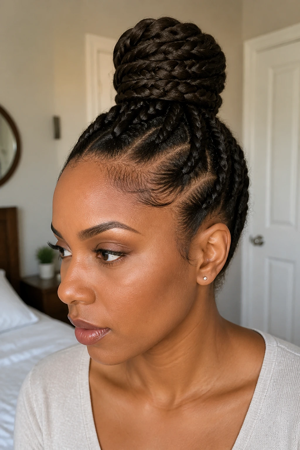 Close-up of a real woman's braided top knot at crown in natural light