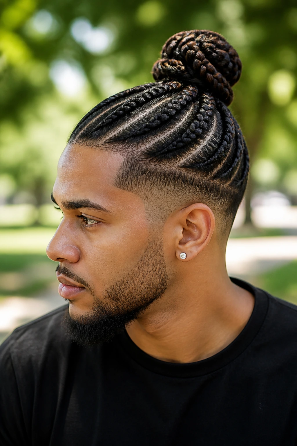 Close-up of a man with braided top knot keeping hair off the neck