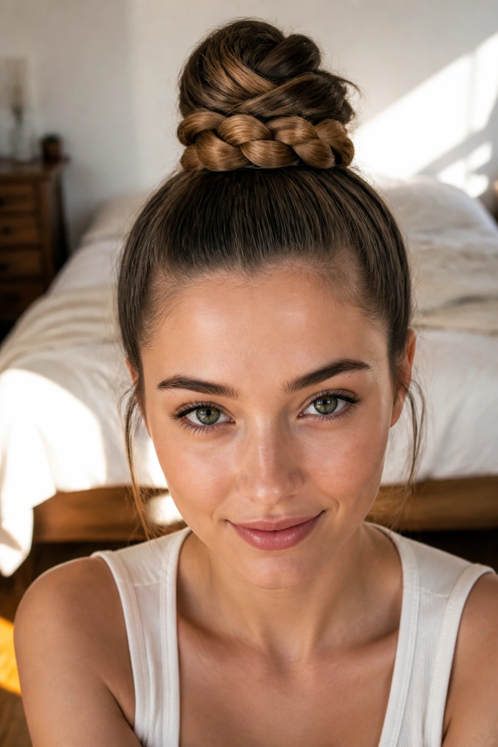 Close-up of a real woman with a braided top knot bun