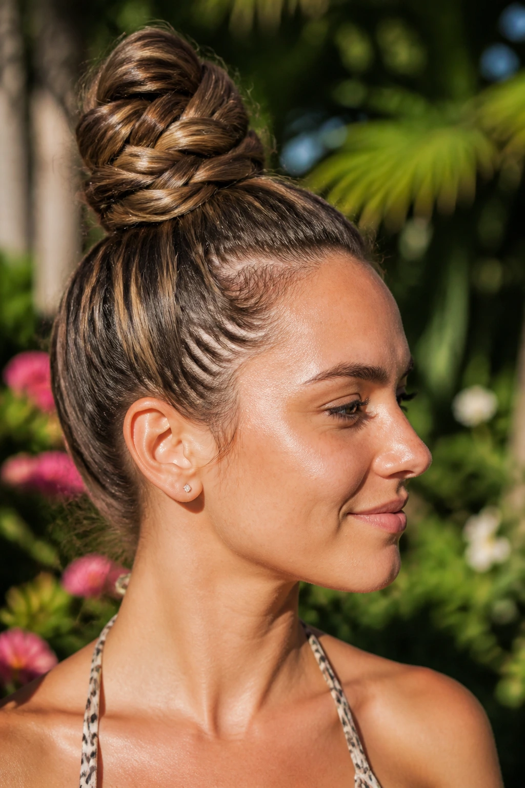 Close-up of braided top knot hairstyle on real person in golden hour outdoor setting