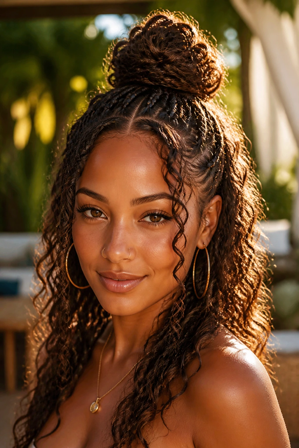Close-up of a real woman with braided base top knot and hanging curls
