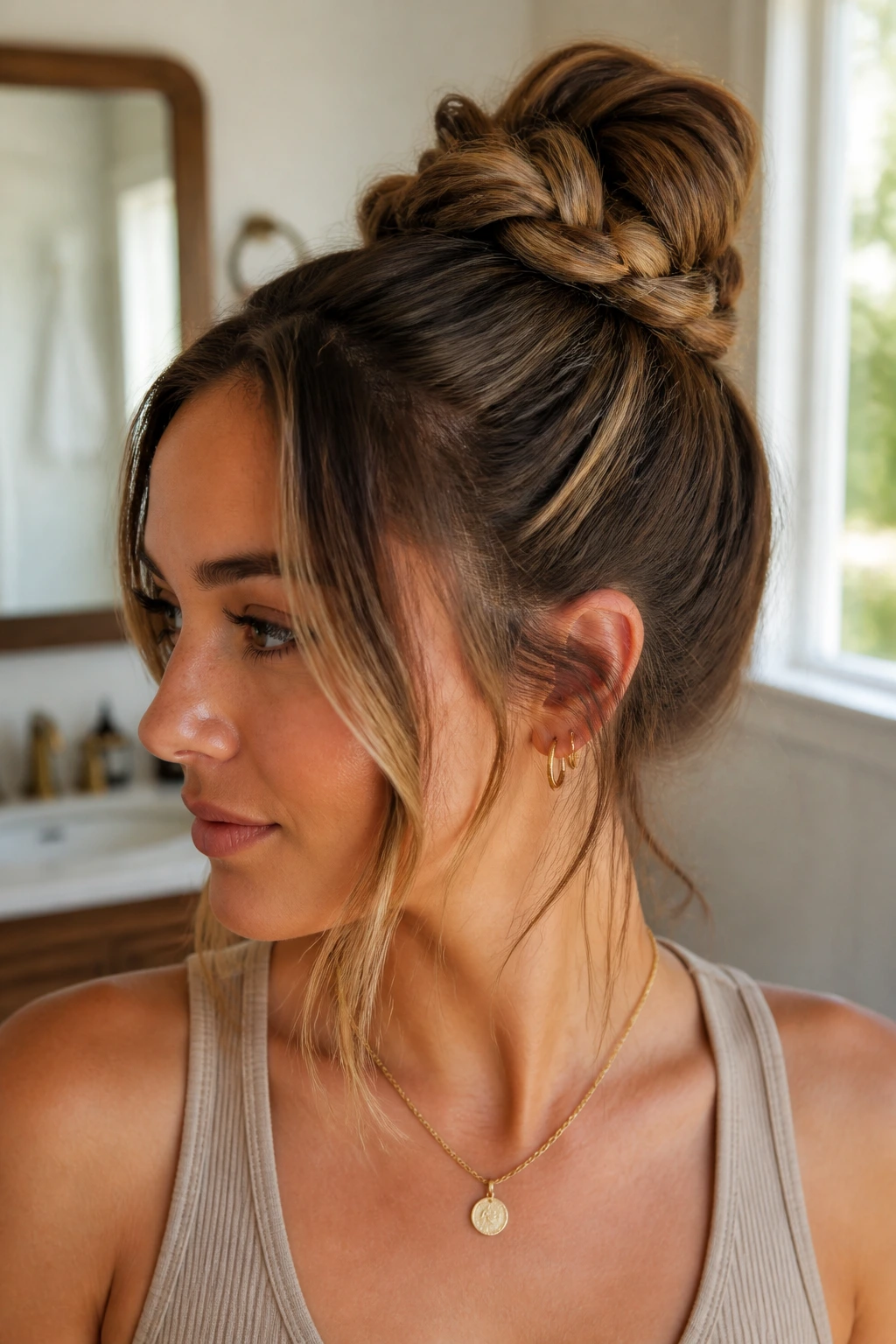 Close-up of a real person with a braided top knot and face-framing pieces in natural window light.