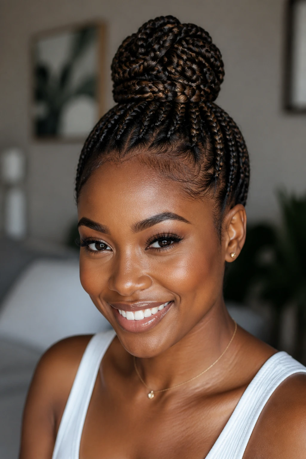 Close-up of a real woman with a braided top knot at the crown