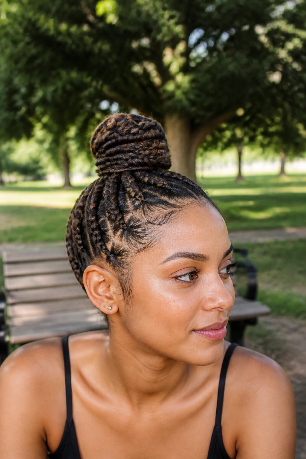 Close-up of a real woman with a high braided top knot outdoors in a park.