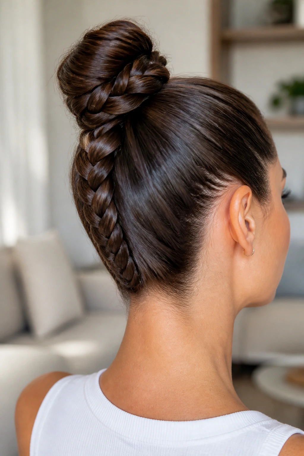 Real woman with braided top knot, high bun secured with a braid visible at the base in bright daylight