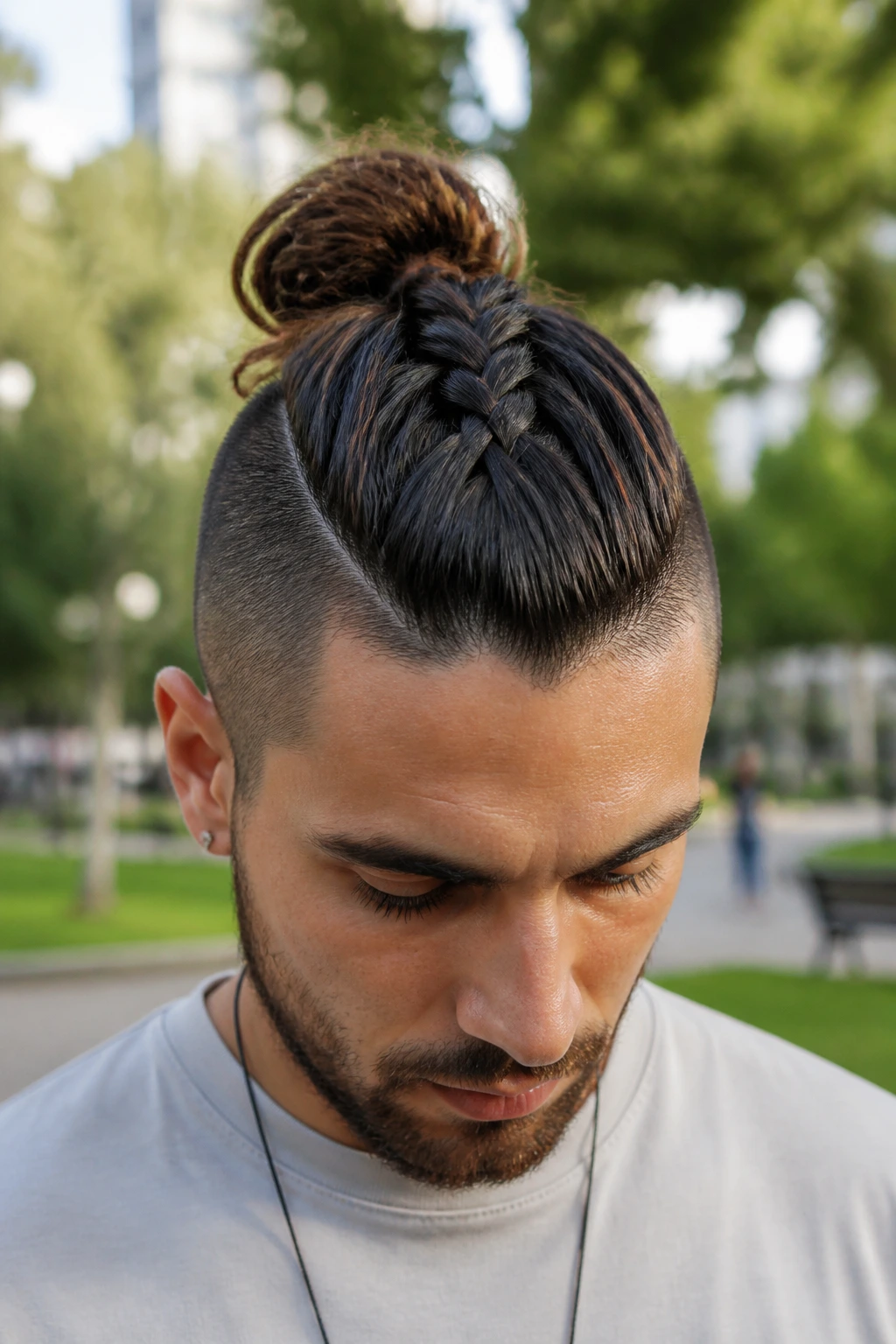 Close-up portrait of a man with a braided top knot in outdoor daylight