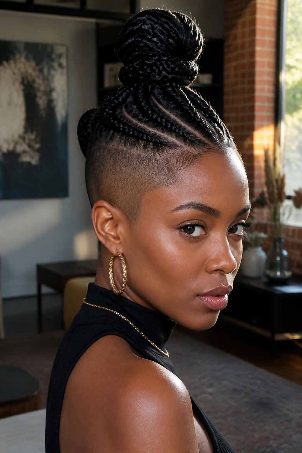 Close-up of a Black woman with a braided top knot mohawk in warm window light.