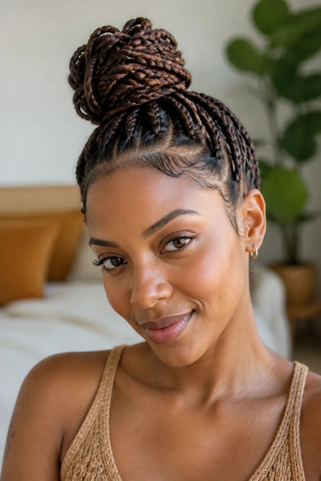 Woman with braided top knot high on the head, natural light.
