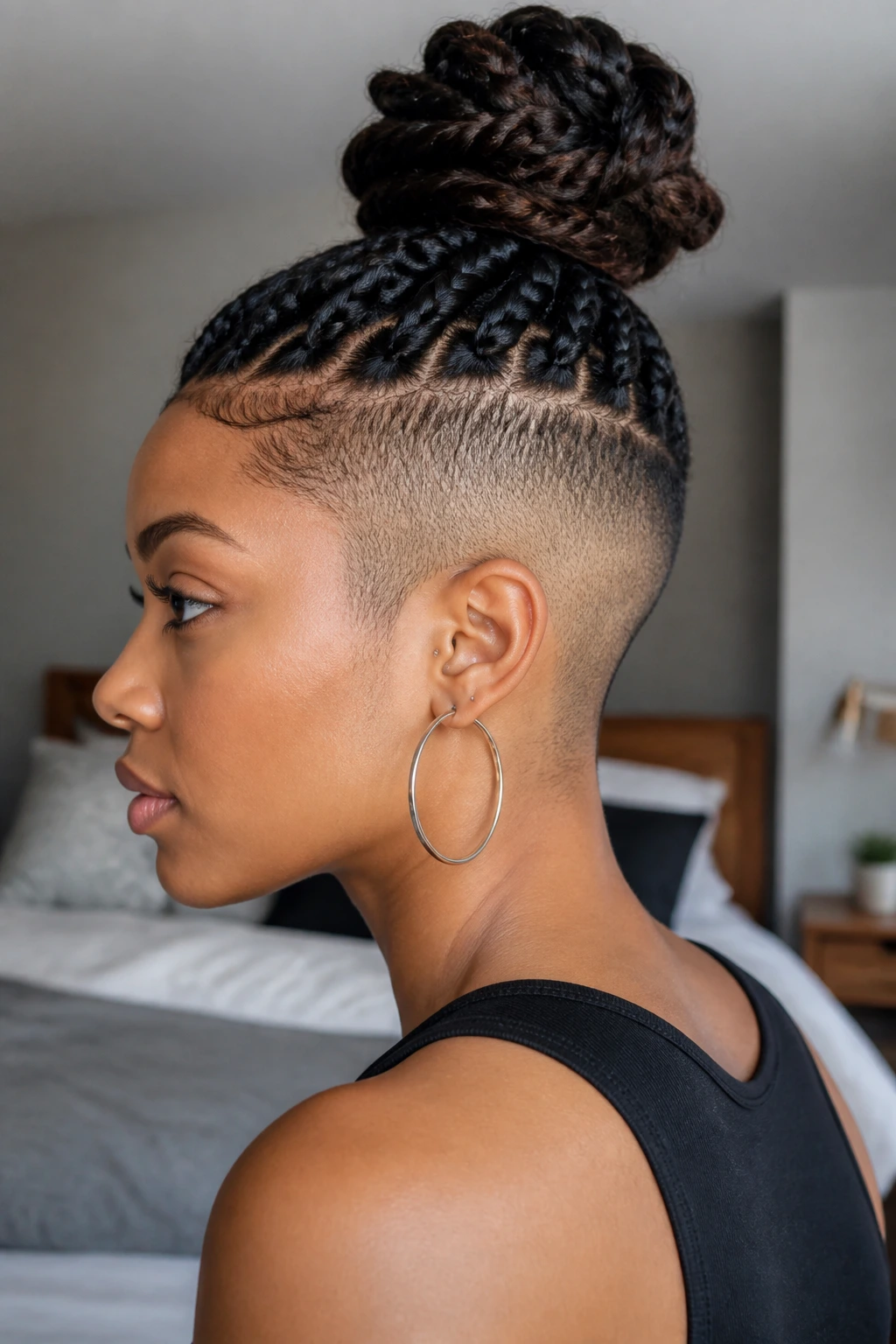 Close-up portrait of a woman with a braided top knot and undercut