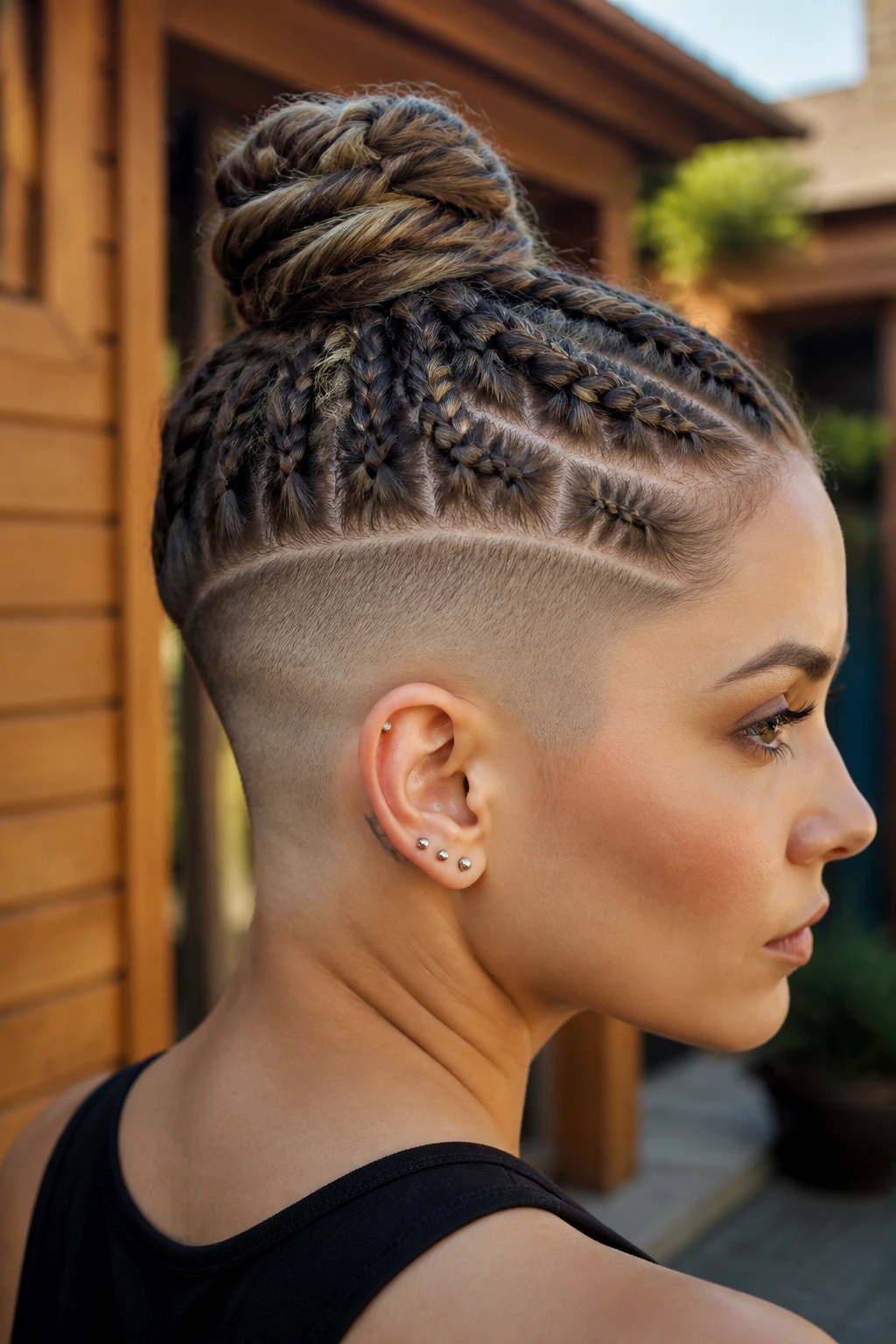 Close-up portrait of a person with braided top knot and undercut